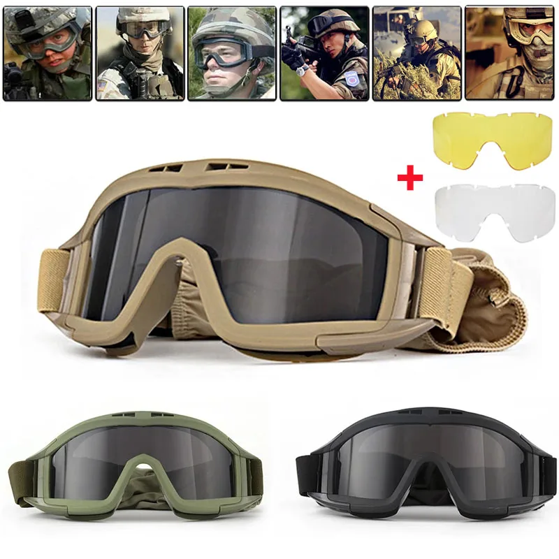 

3 Lens Tactical Goggles Set Windproof Dustproof Shooting Motocross Motorcycle Mountaineering Glasses Cs Military Safe Protection