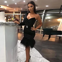 sevintage black sheath short prom dresses one shoulder long sleeves wedding party gowns feathers knee length women formal dress