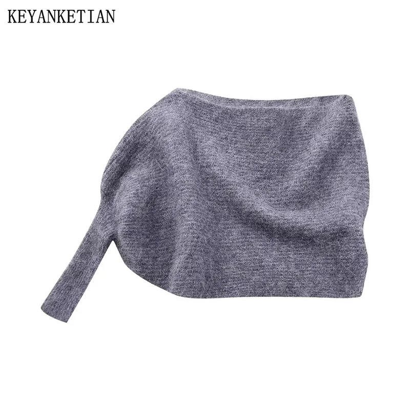 

KEYANKETIAN New Launch Women's Asymmetrical Skew Collar Single Shoulder Design Knitwear Fashion Hot sweet Gray Sweater Crop Top