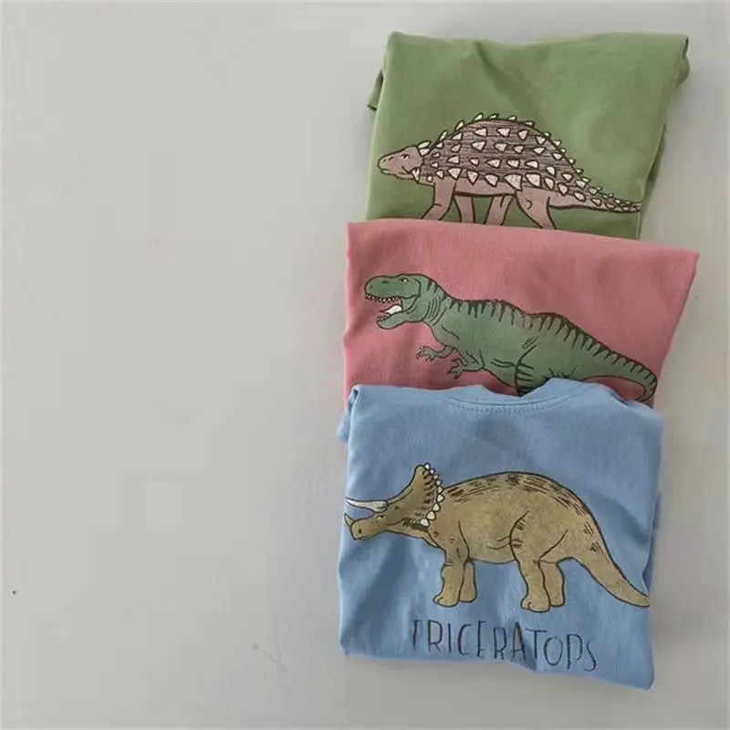 

Unisex Kids Clothes Korean Summer Short Sleeve Boys and Girls Simple Cartoon Dinosaur Three Color Casual Short Sleeve T-Shirt