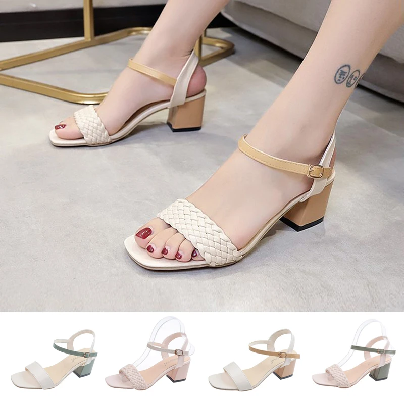 

New Summer Shoes Women Sandals Female Square High Heels PU Leather Sandals Open Toe Lady Solid Soft Comfort Buckle Strap Sandals