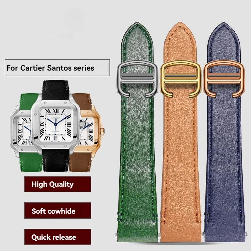 Фото Кожаный ремешок для часов 19 мм 21 мм для Cartier Santos Quick Release, новый ремешок для часов WSSA0009 WSSA0010 W20106X8, большой средний мужской ремешок №1