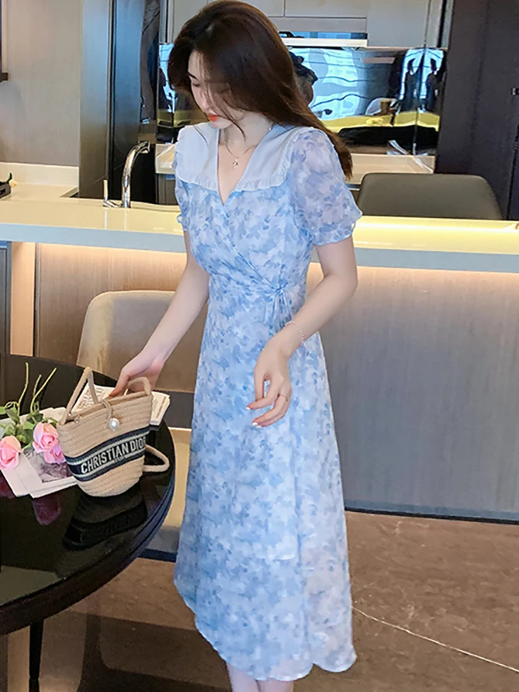 Summer Blue Print Chiffon Ruffled V-Neck Midi Dress Women Korean Fashion Casual Beach Dress 2023 Chic Luxury Party Night Dresses