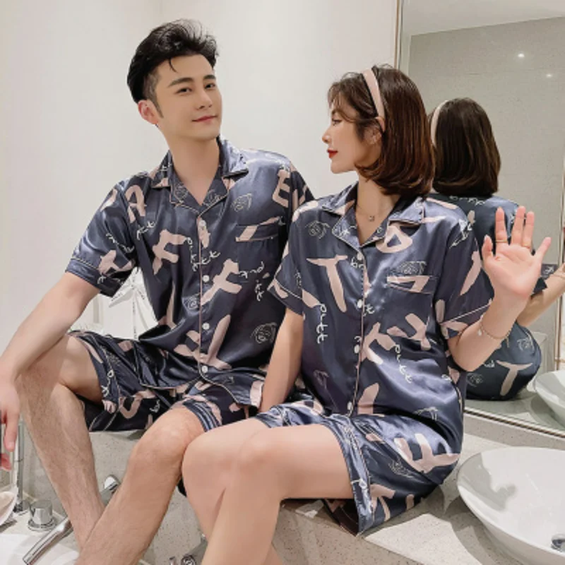Couple pajama women's summer ice silk short sleeve shorts imitation silk two-piece men's suit homewear