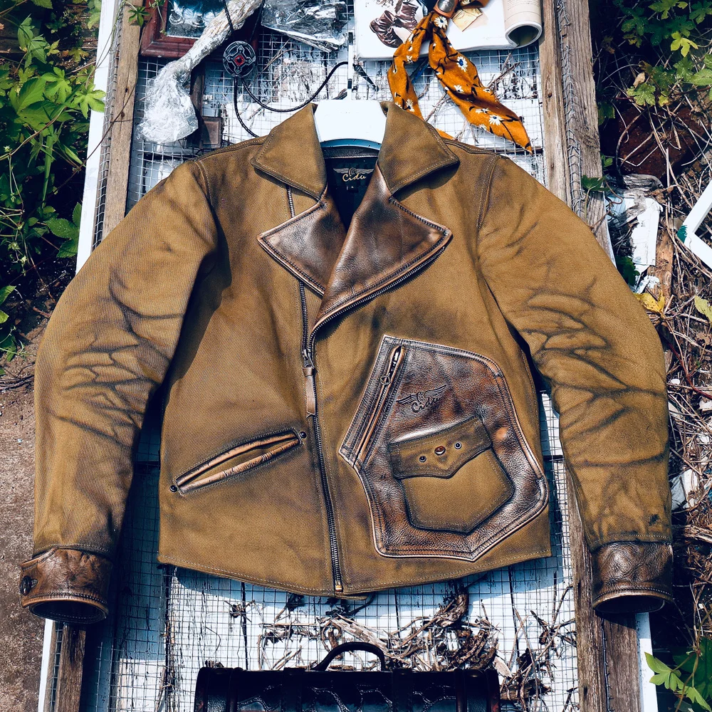 

CDJ-72 Cidu Read Description! Asian Size Genuine Cow Leather Super Heavy Waterproof Canvas Coat Cowhide Wax Aged Looking Jacket