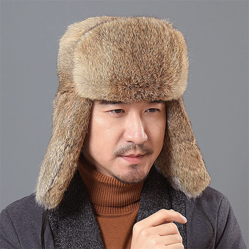 Hot Sale Russian Winter Hat Genuine Rabbit Fur Men's Winter Hat Fashion Men's Warm Beanie Urinal Cap Ear Cap Adult Hood