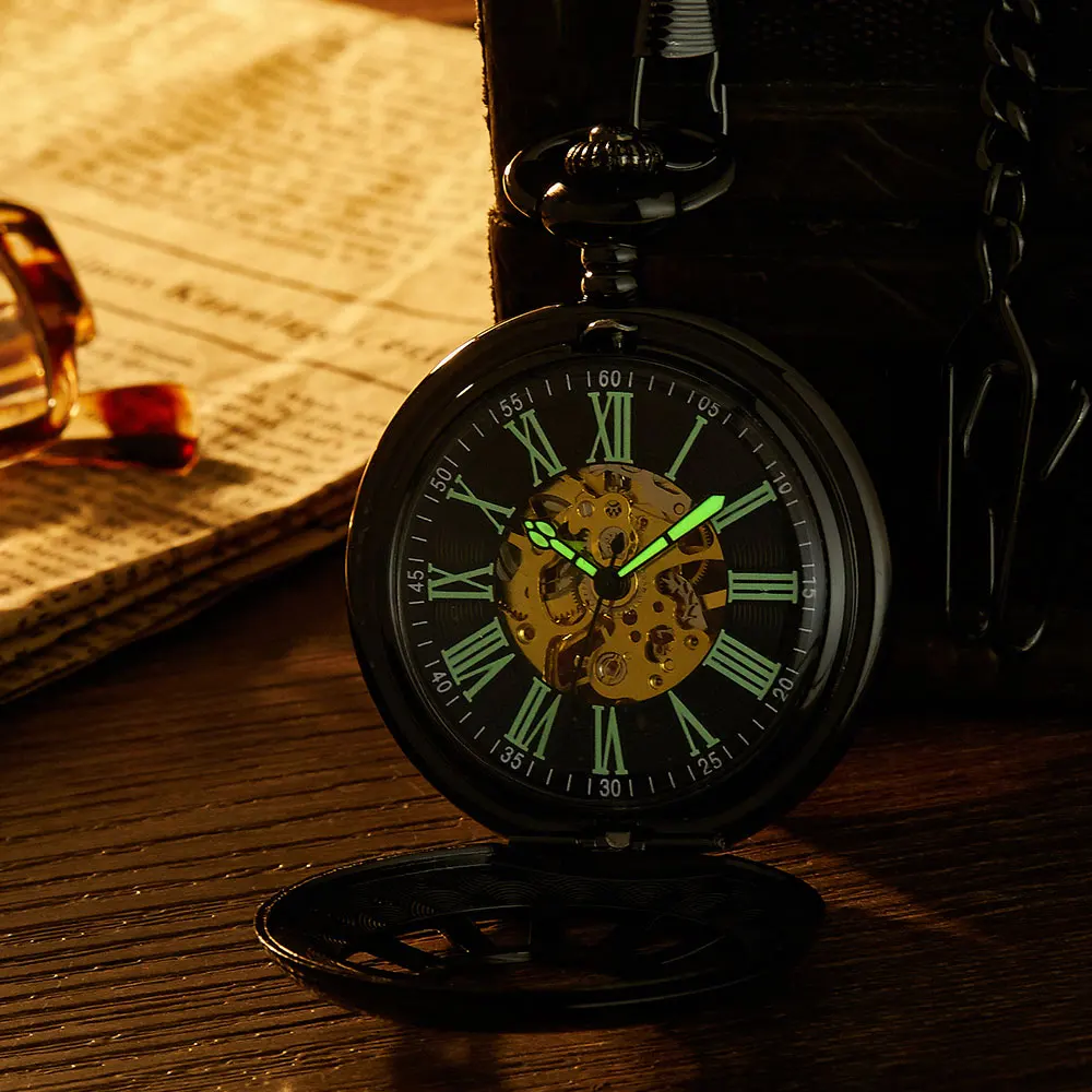 Vintage Black Steampunk Hollow Luminous Mechanical Pocket Watch Men Hand Wind Roman Numerals Skeleton Neckalce Watch Gift