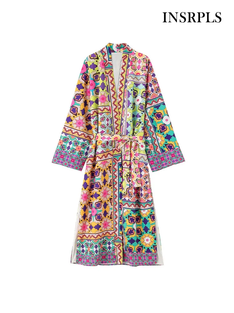 

INSRPLS Women Fashion With Belt Printed Open Kimono Dress Vintage Long Sleeve Split Hem Female Dresses Vestidos Mujer