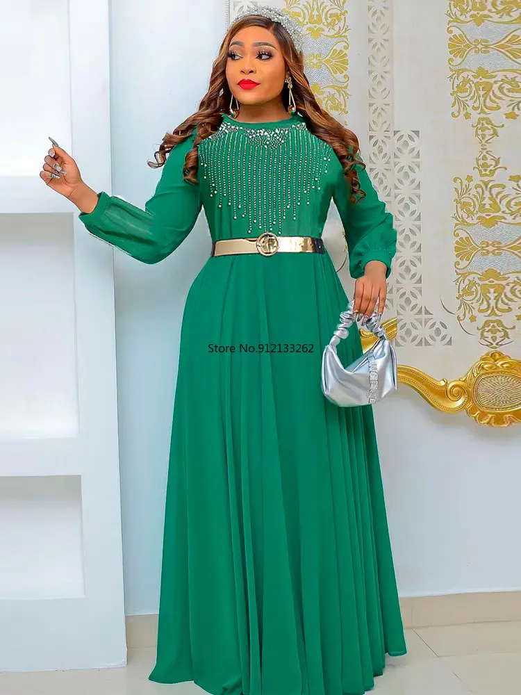 

2022 New African Women's Dress Elegant Beading Chiffon Gowns Muslim Abaya Moroccan Kaftan Ankara Dashiki Maxi Dresses Attire