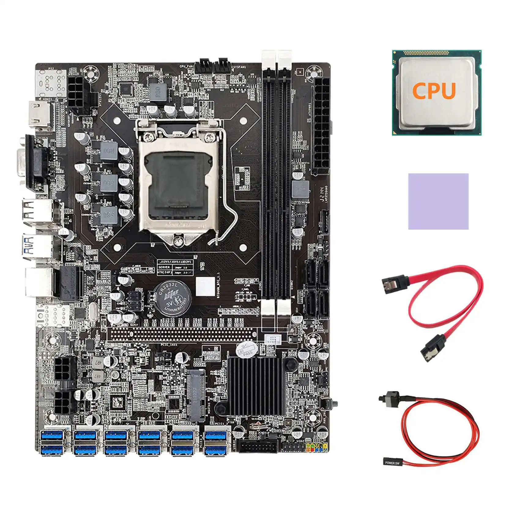 B75 ETH Mining Motherboard 12 PCIE to USB+Random CPU+Switch Cable+SATA Cable+Thermal Pad LGA1155 B75 USB Motherboard