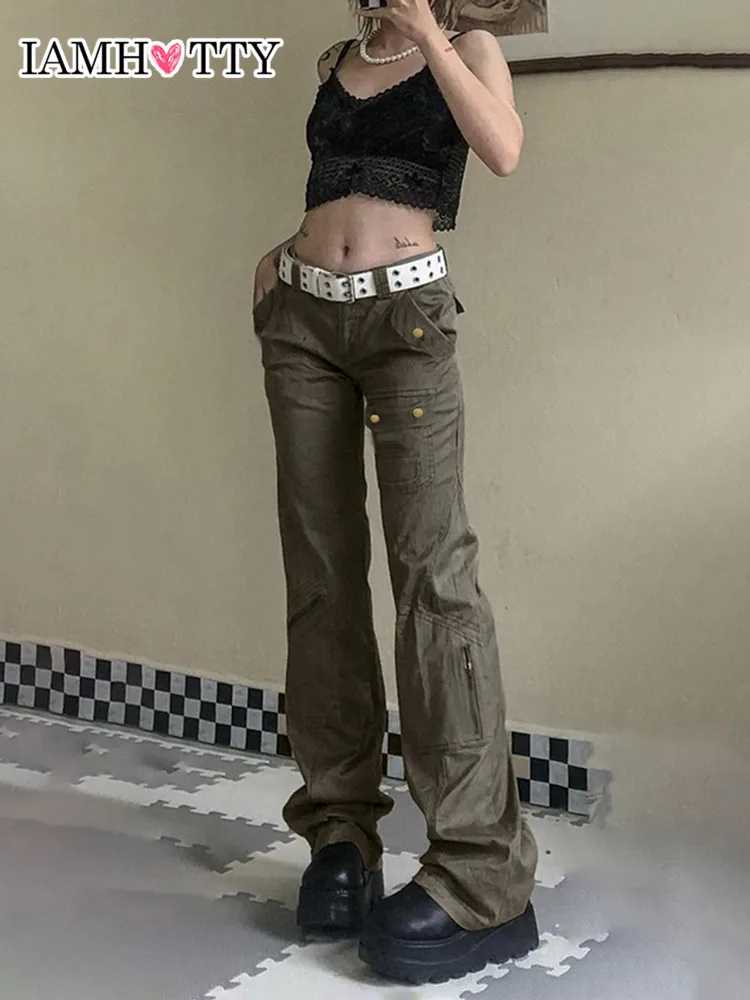 

IAMHOTTY Straight Baggy Jeans High Waist Grunge Denim Pants Grey Casual Soft Multi Pockets Sweatpants Joggers Retro Trousers y2k