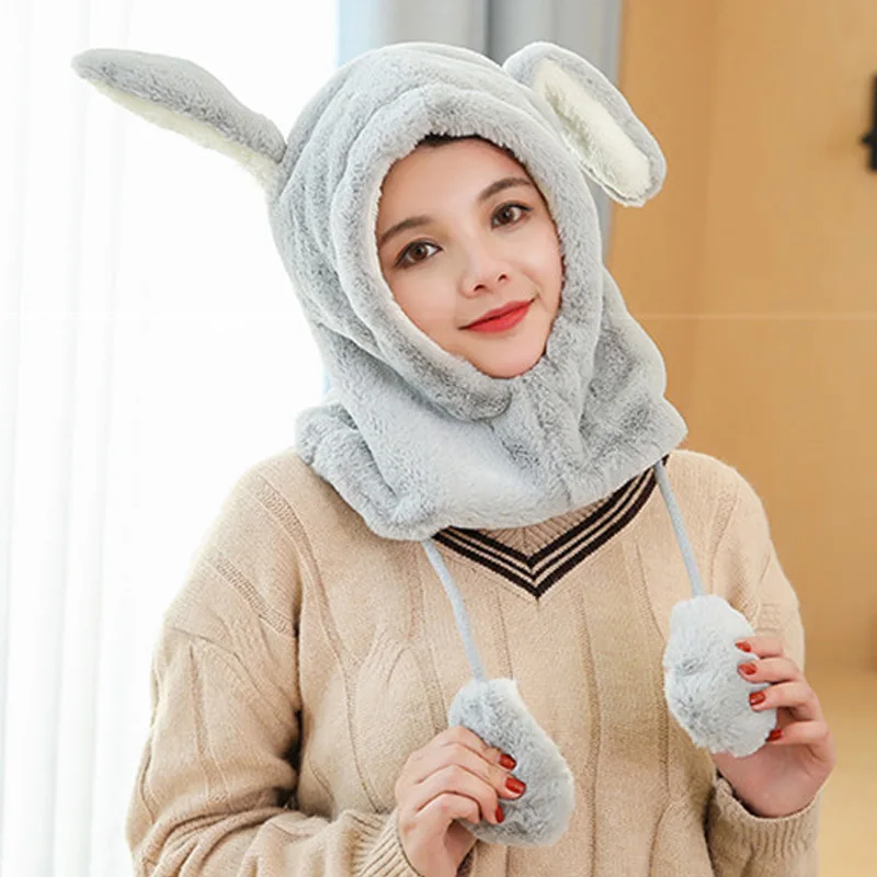 

2021 New Fashion Comfortable Winter Knit Hat Neck Warmer Fleece Lined Cute Cap for Women Outdoor Warm Long Rabbit Ear Cap