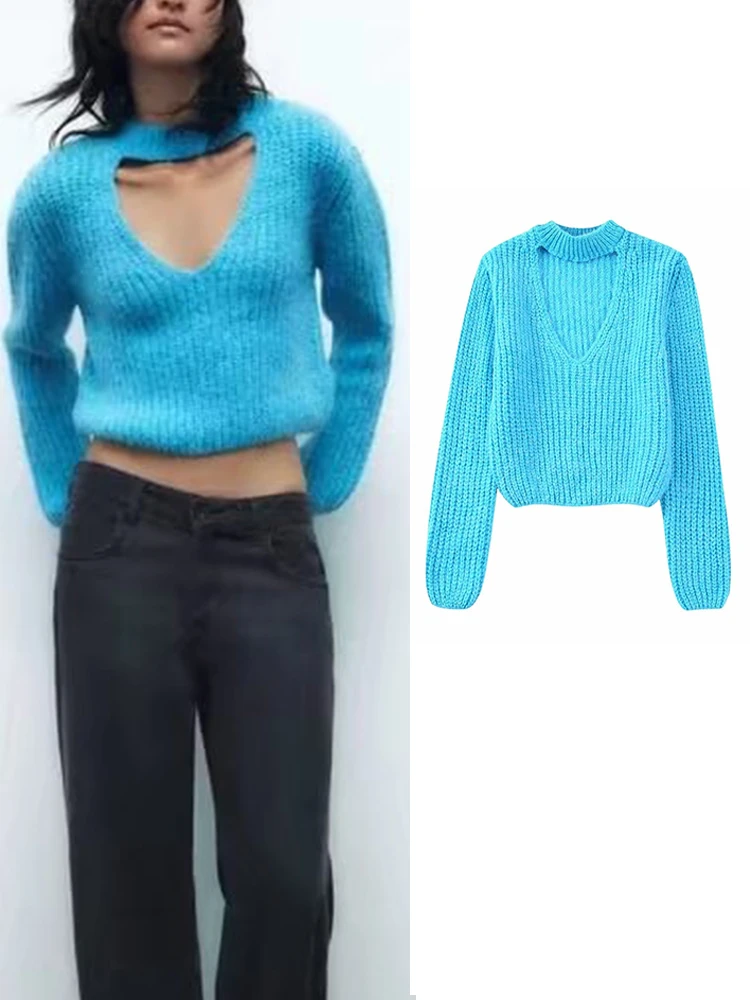 

Женский трикотажный свитер с вырезами, круглым вырезом и длинным рукавом