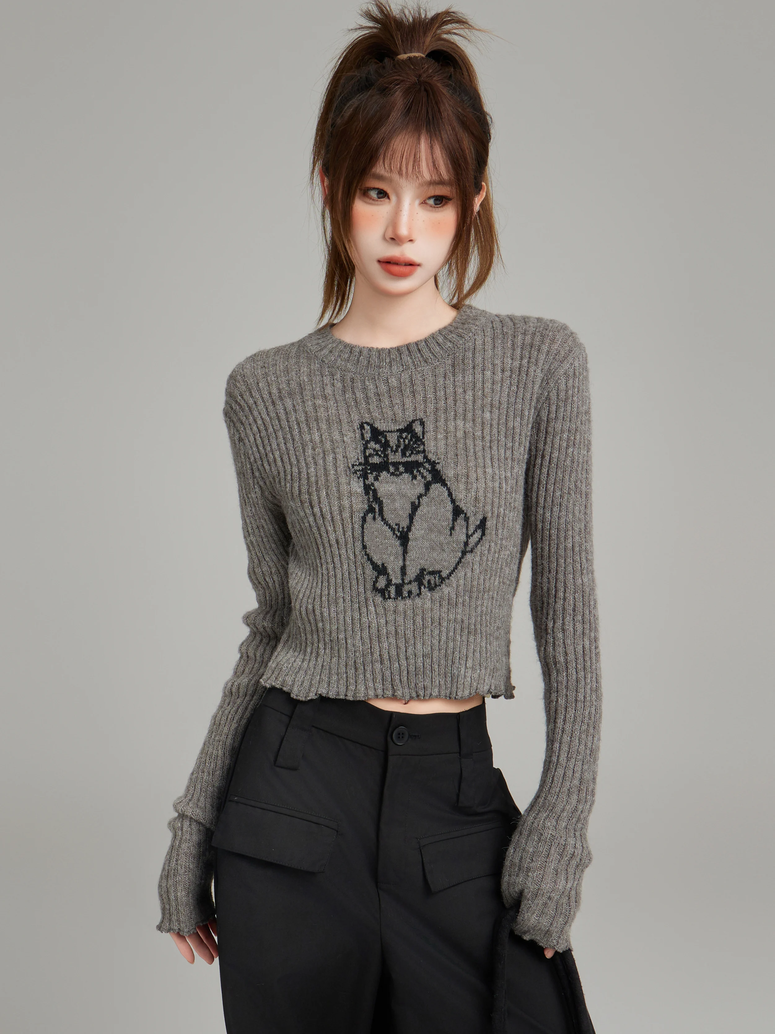 American-Sle Gray Shoulder Pullover Knit Sweater Women Autumn and Winter Slim fit Knitted Inner wear Bottoming Shirt Short Top |