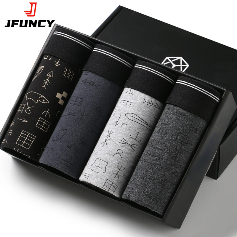 JFUNCY 4 Pcs Men's Cotton Panties Boxer Briefs Set Men Breathable Underpants Soft Male Underwear Fashion Print Man Shorts Gift