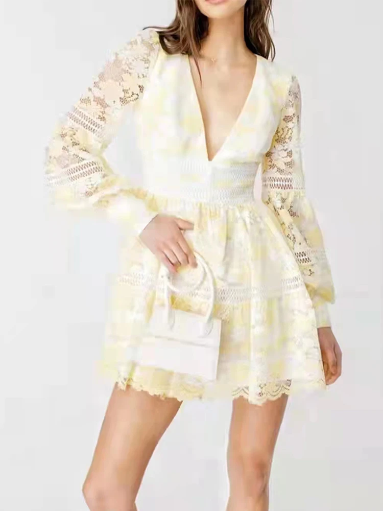 

Подиумное 2022 летнее Сексуальное Женское Платье с v-образным вырезом и длинным рукавом, желто-зеленые белые кружевные Элегантные вечерние платья высокого качества