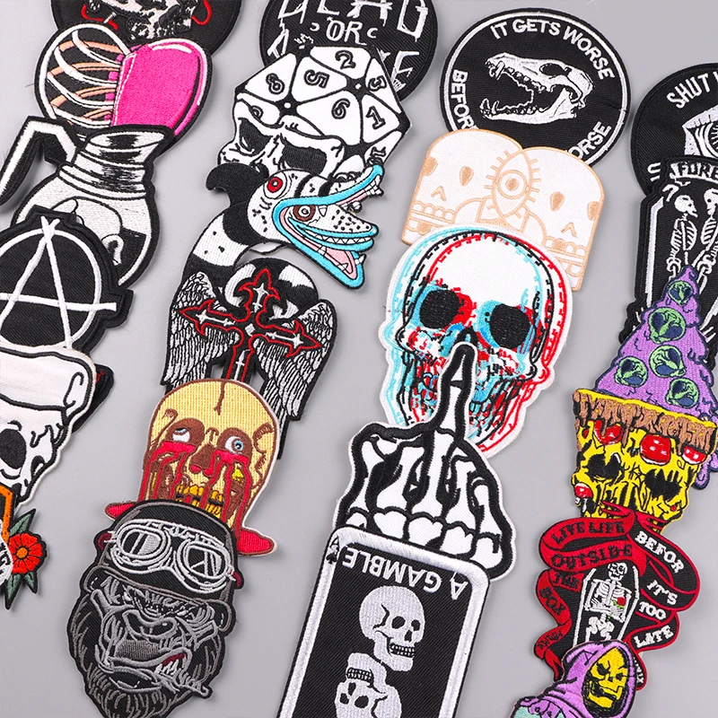 

Punk Skull Patch Embroidered Patches For Clothing Thermoadhesive Patches On Clothes Skeleton Sewing/Fusible Applique DIY Badges