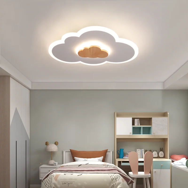 New White Children's Room Led Ceiling Lamp Wooden Cartoon Fashion Bedroom Lamp Simple Modern Boy Girl Princess Room Cloud Lights
