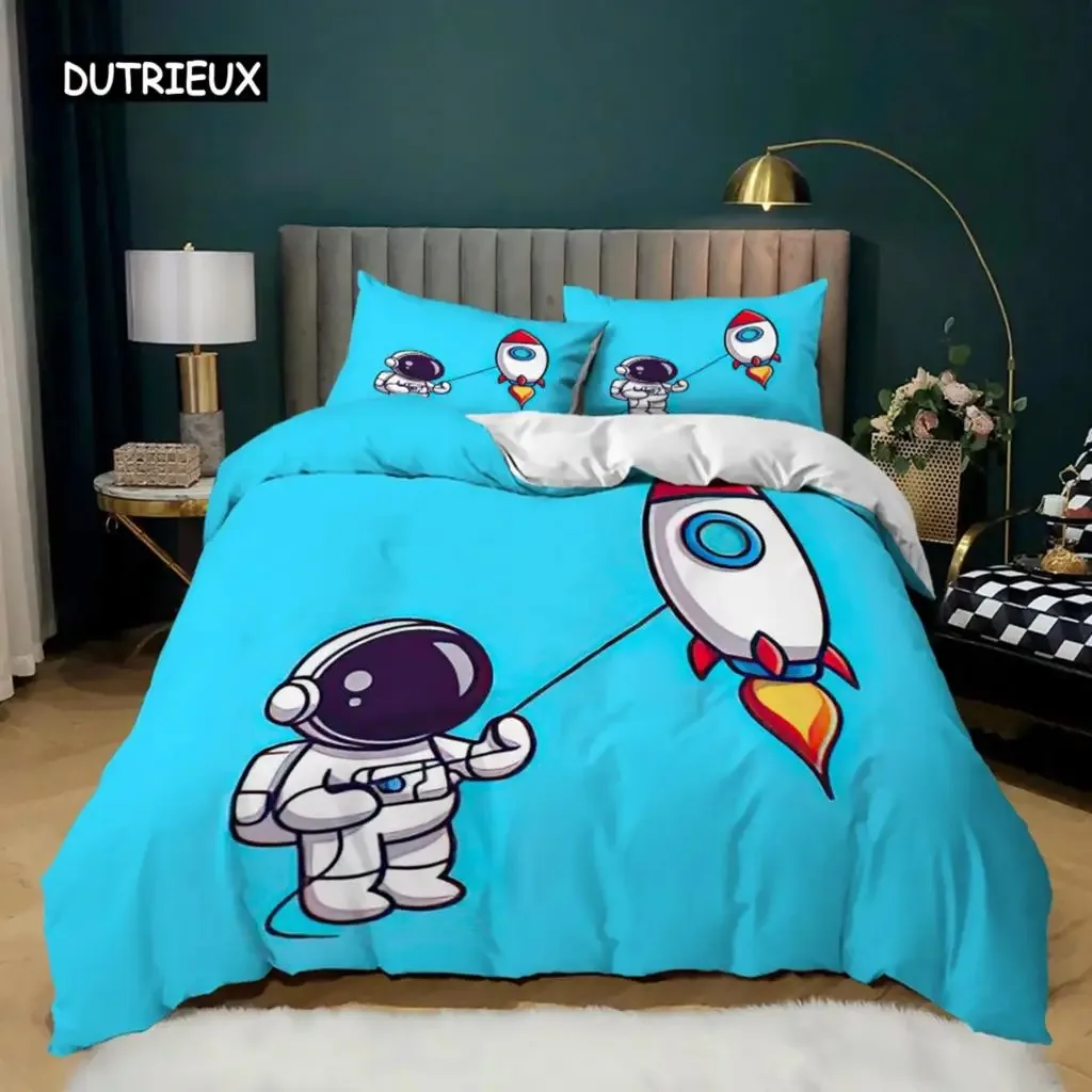 Astronaut Duvet Cover Set King Size Cartoon Star Moon Pattern Bedding Microfiber Space Theme Full Twin Quilt