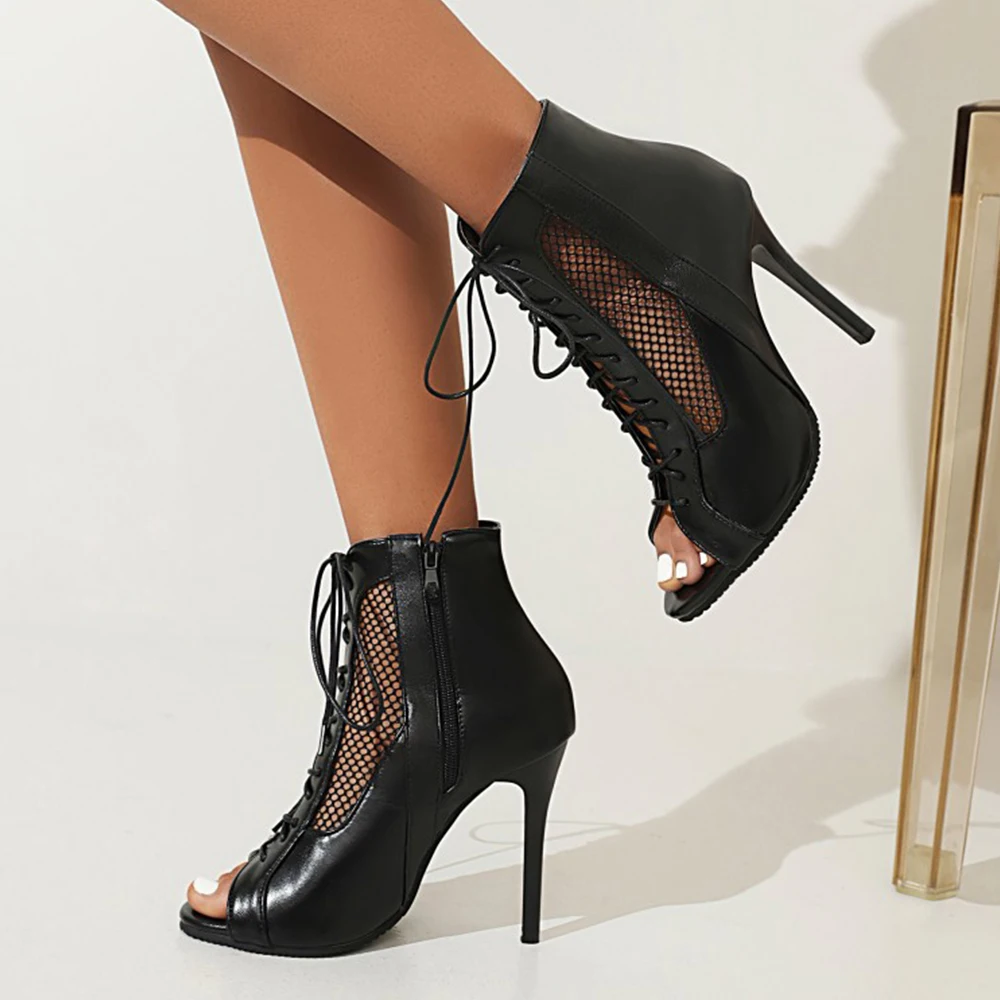 Ankle Boots for Women High Heels Shoes Hollow Side Zipper Peep Toe Thin Heels Ladies Sandal Female Summer Shoes White Sexy