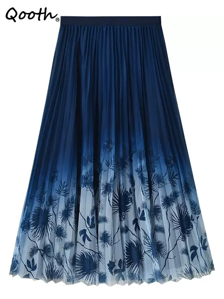 

Qooth Spring Autumn Midi Gradient Print Mesh Skirt Women Elegant High Waist A-line Pleated Long Tulle Skirt QT1859