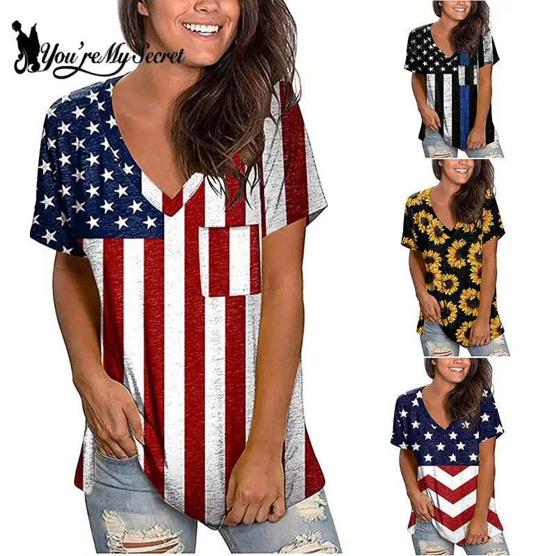 

[You're My Secret] Top Summer Women Clothing Spring/summer Independence Day Top Flag Print V-Neck Short Sleeve Loose T-Shirt