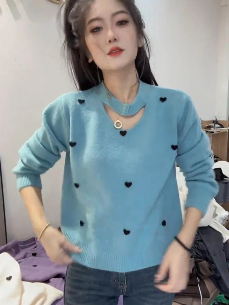 Love Print Hollow out Knit Sweater Lazy High Sense Winter 2024 New Temperament Women Top