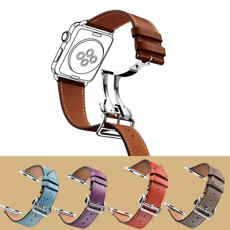 

NEW2023 FHX-34K Suitable 38 40 42 44mm watch genuine leather strap for iwatch 6 5 4 3 SE folding buckle leather strap