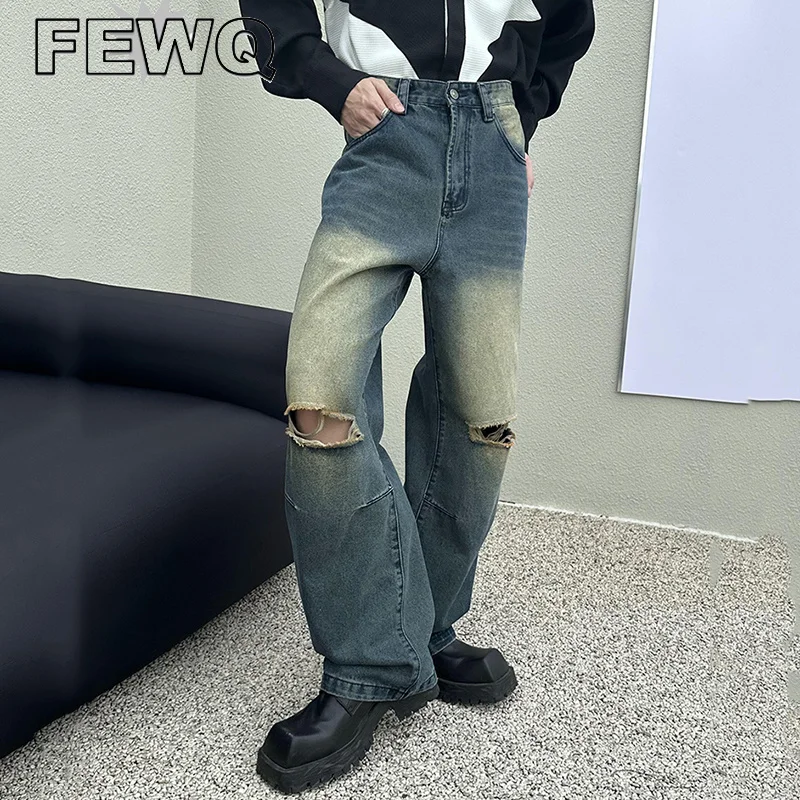 

FEWQ American Style Men's Ripped Jeans Vintage Male Washed Straight Denim Pant Tide Trousers 2023 Spring High Street New 24B2178