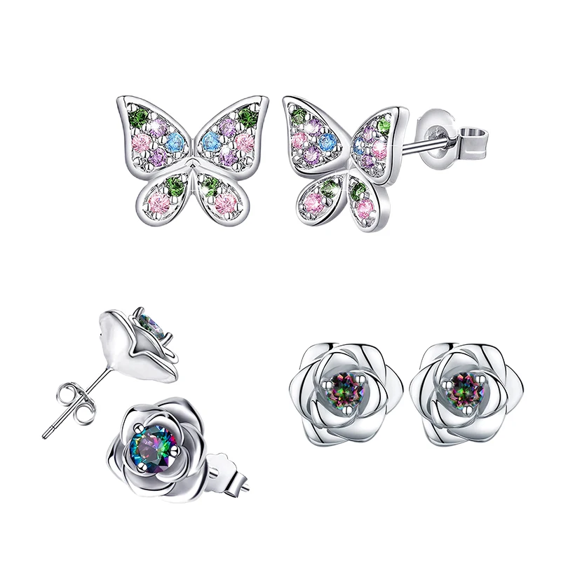 

925 Sterling Silver Colorful Butterfly Stud Earrings Rose Flower Zircon Heart Round Circle Earrings Fashion Jewelry For Women