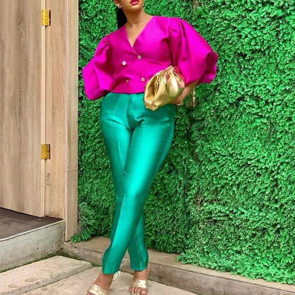 

Костюм брючный женский с пузырьковым рукавом и V-образным вырезом