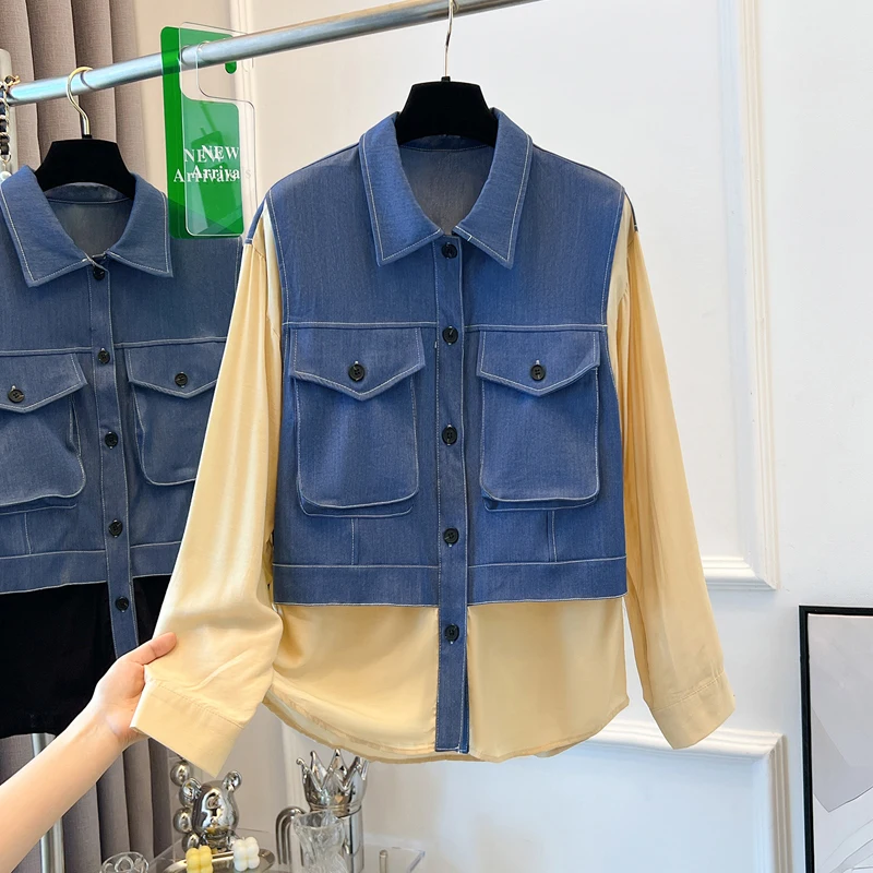 

SuperAen/Корейская дизайнерская Свободная джинсовая рубашка из органзы в стиле пэчворк, имитация двух предметов, летние рубашки с длинными рукавами