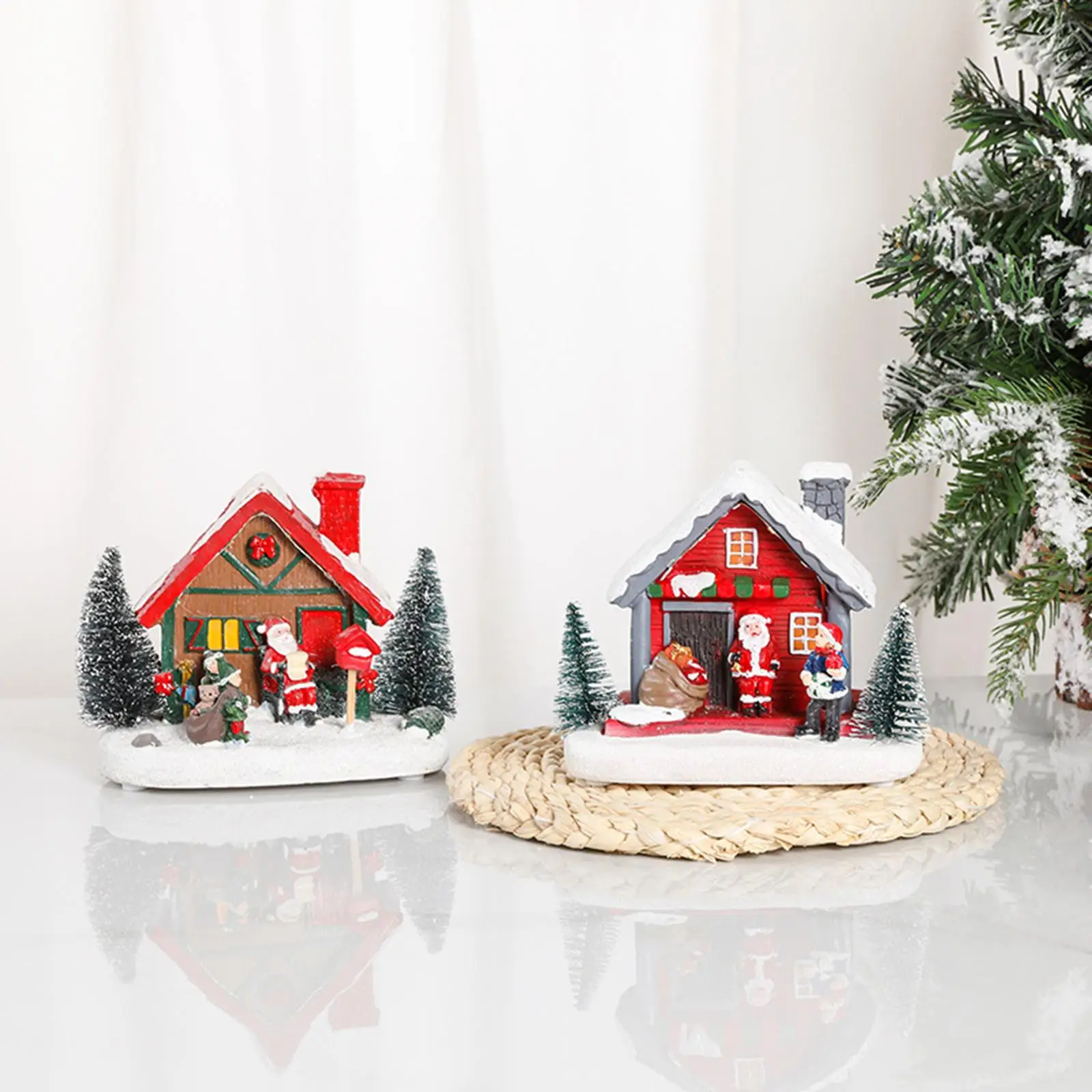 

Luminous House Statue Light Snow Resin Village Miniatures Ornaments Holiday Door Accessories Table Family