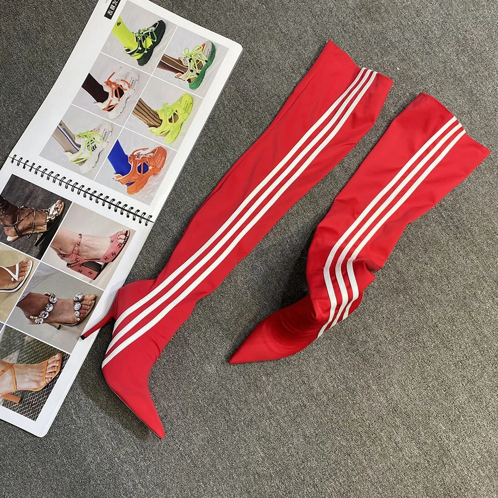 Skintight Stretch Wide Leg Fit Women's Super Long Boots Thigh High  Custom Booties 3 White Stripes Stiletto Heels Shoes