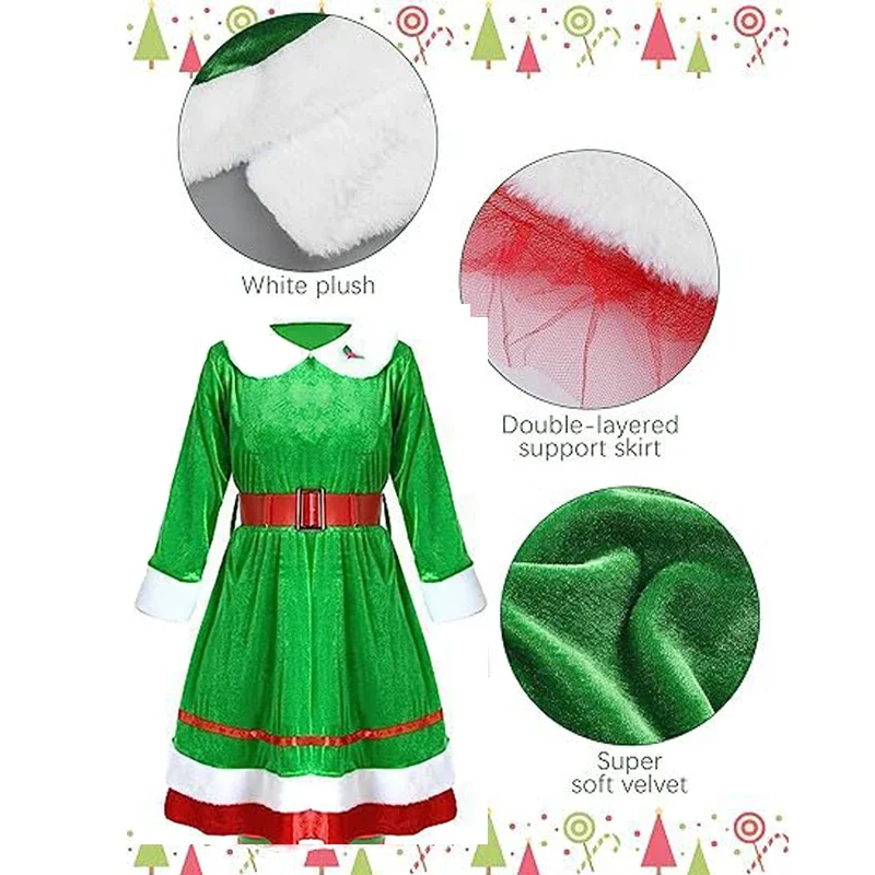 Женская рождественская одежда для косплея эльфа зеленое золотое бархатное