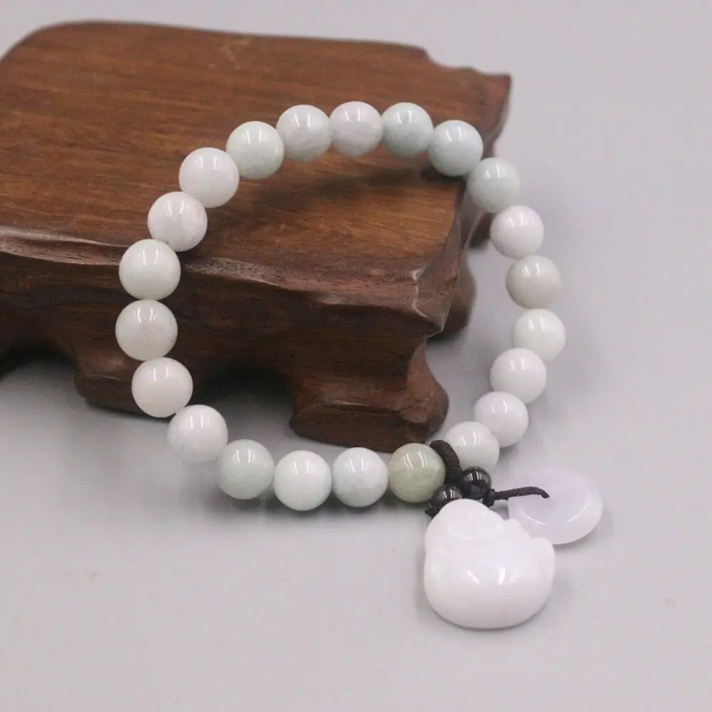 Натуральный жадеитовый талисман "Счастливый Будда" на браслете с 8-миллиметровыми жемчужинами для женщин.