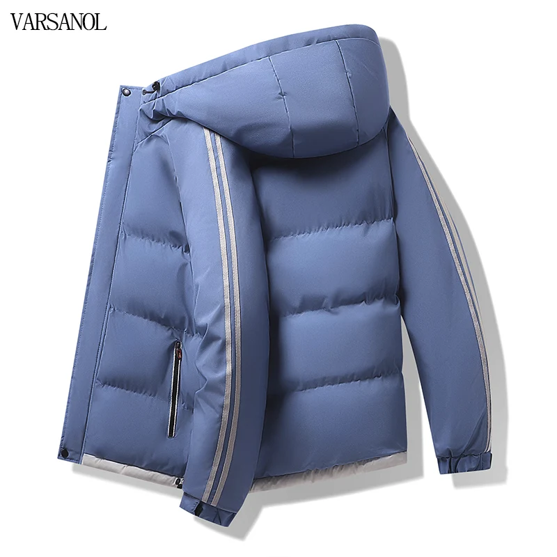 VARSANOL Winter Jackets Hooded Parkas for Men Thick Warm Windproof Striped Coat 2022 Men's Casual Solid Color Outwear Plus Size