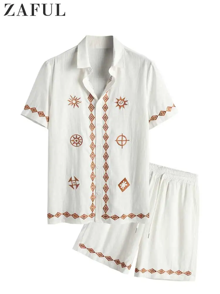 

ZAFUL Cotton and Linen Textured Tracksuit Ethnic Printed Geometric Embroidered Shirt and Shorts Set Men Two Pieces Set Z5093051