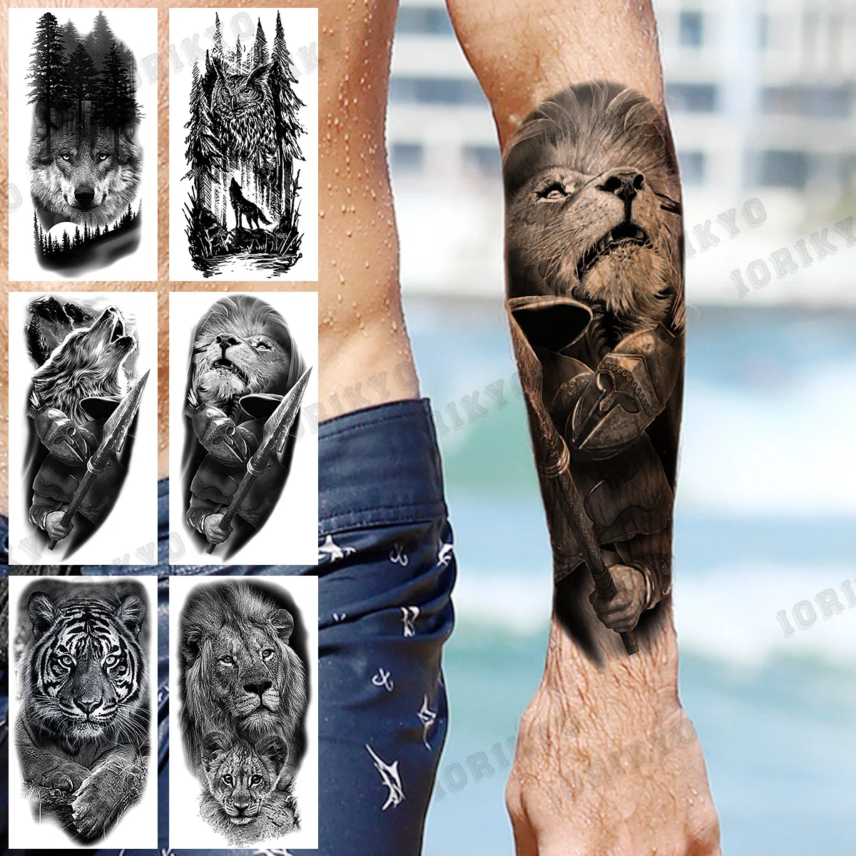 

Временные татуировки для мужчин, тигр, волк, лес, искусственная татуировка, стирающаяся наклейка для боди-арта, тату-бумага, черный Лев, воин