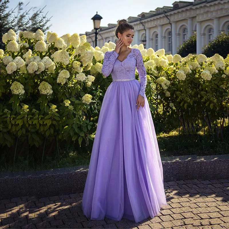 

Charming Lilac Lace Long Sleeve Prom Party Dresses V Neckline Beaded Belt Back Out Wedding Guest Gowns Length robes de soirée