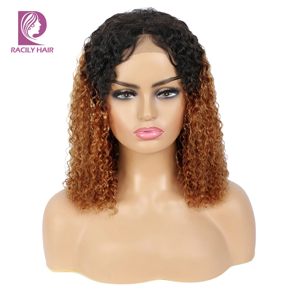 Afro Kinky Curly Middle Part Wig Lace Closure Human Hair Wigs Ombre Brown Color 4x4 Lace Wig Brazilian Remy Curly Hair Wig T30