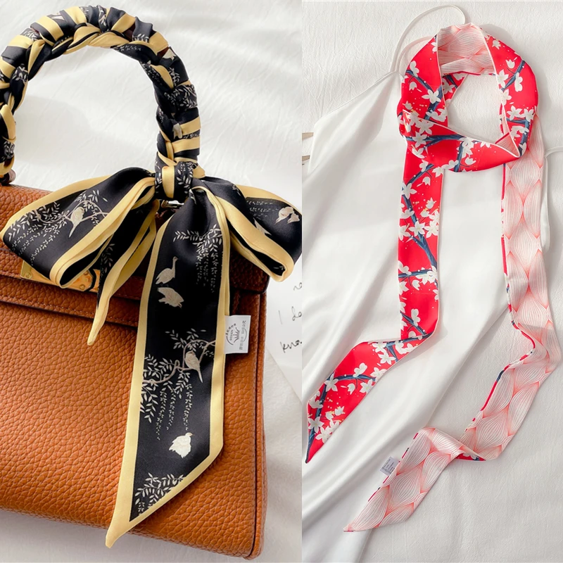 

2022 Silk Satin Long Hair Scarf Women Print 190*5cm Skinny Ribbon Headband Neck Tie Female Handle Bag Wrist Belt Foulard Echarpe