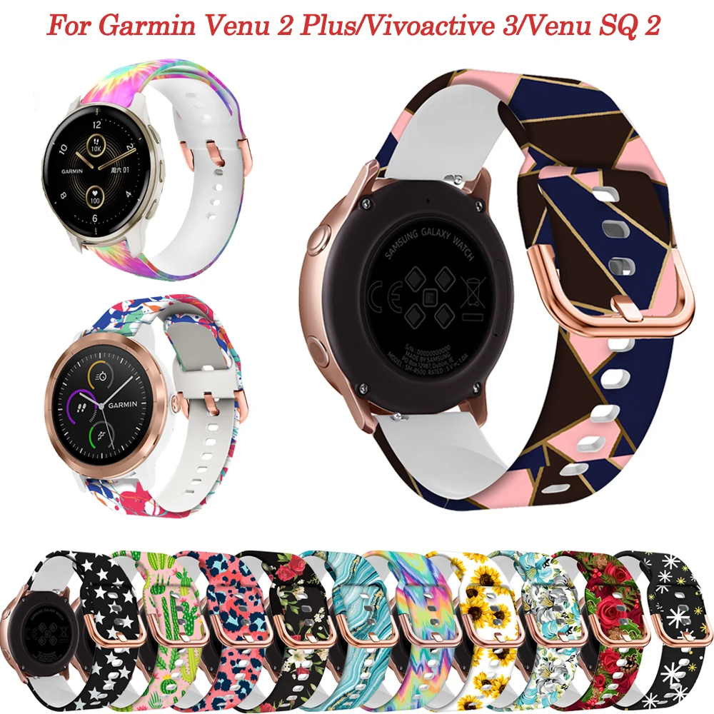 

20MM Print Silicone Watchband Strap For Garmin Venu 2 Plus/SQ 2 Vivoactive 3 3t Smart Watch Forerunner 245 645 158 Band Bracelet