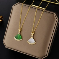 vintage elegant green white fan pendant stainless steel necklaces for women korean fashion temperament clavicle chain jewelry