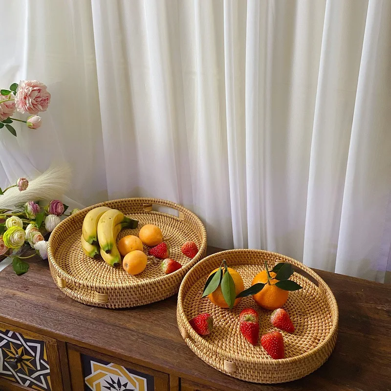 

Rattan Tray Hand Woven Food Basket Fruit Tray Multi-Function Afternoon Tea Snack Plate Decorative Basket Storage Tray