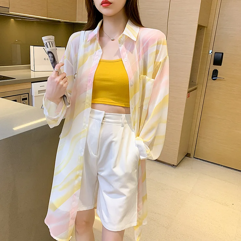 

2023 Summer Women Blouse Color Stripe Print Long Sleeve Thin Chiffon Shirts Elegant New Fashion Sunscreen Top
