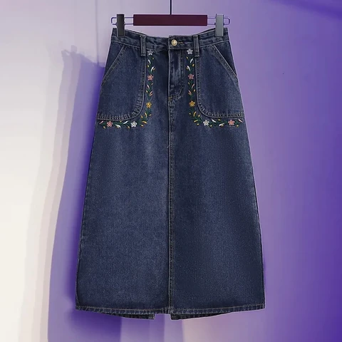 Oversized Split Denim Skirt 5XL Women's 2023 Spring Summer High waist Embroidered A-line Skirts With pockets Female Casual Skirt