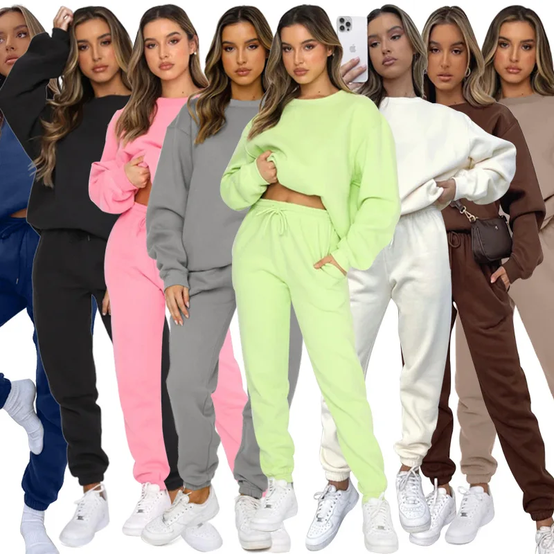 

Women long sleeved trousers sweater two piece sets solid color round neck fashion casual sweater suit winter clothes women