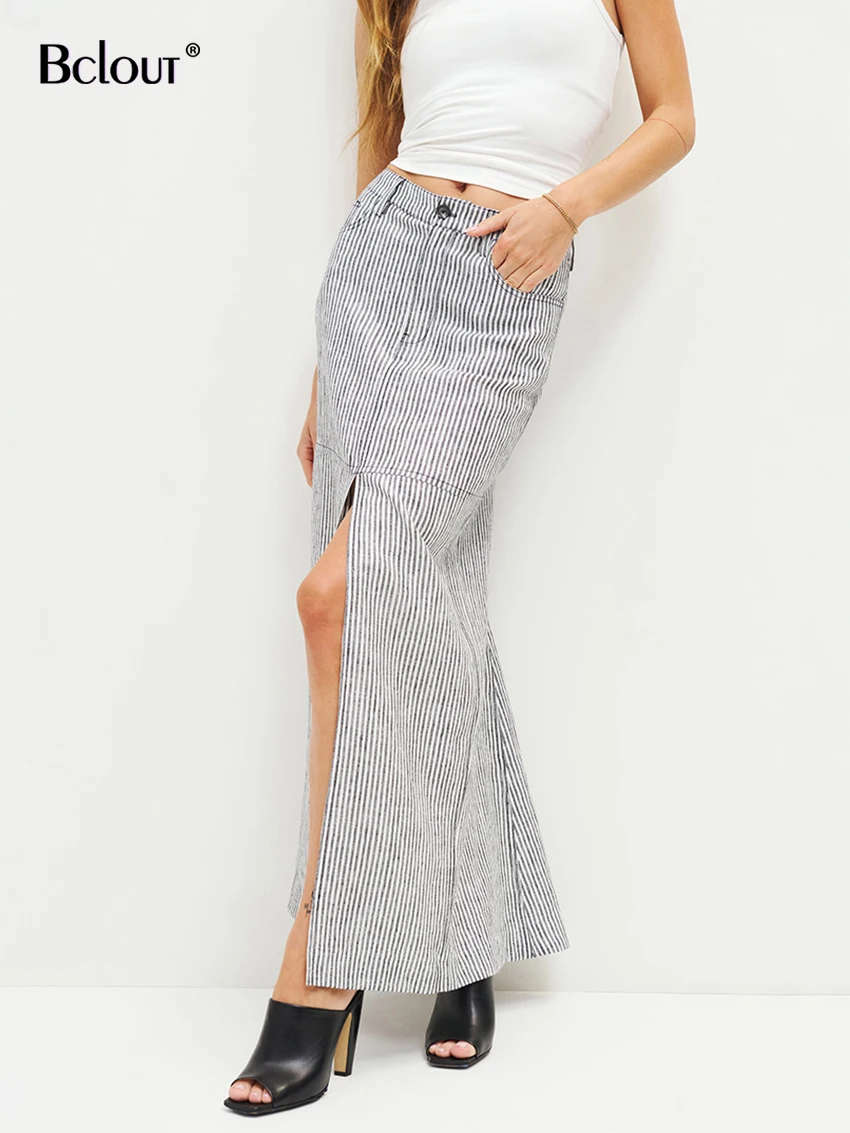 

Bclout Elegant Striped Long Skirts Women 2023 Fashion Cotton Office Lady Slit Skirts Summer Pockets Party A-Line Skirts Vintage