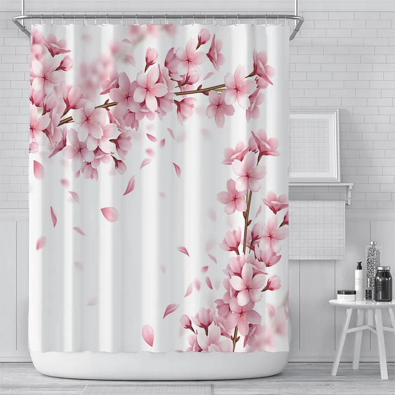

Pink Cherry Blossom Peach Blossoms Shower Curtain White Background Girl Bathroom Waterproof Polyester Cloth Screen With Hook Set